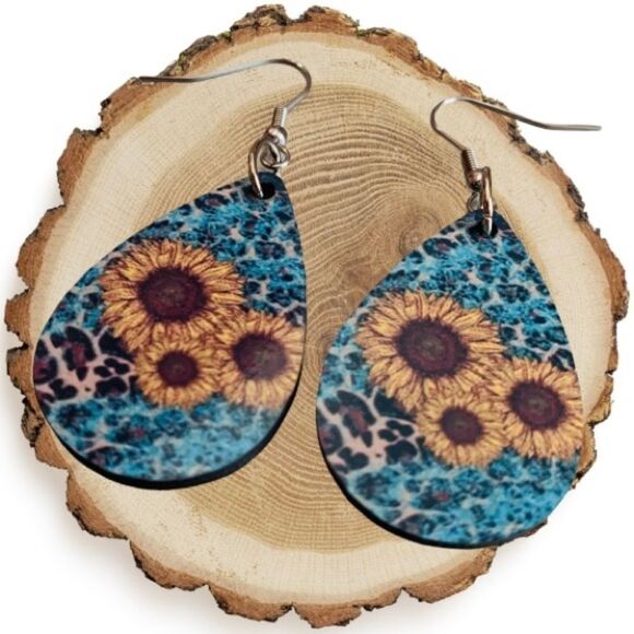 Turquoise Leopard Sunflower Teardrop Earrings - Picture 1 of 1